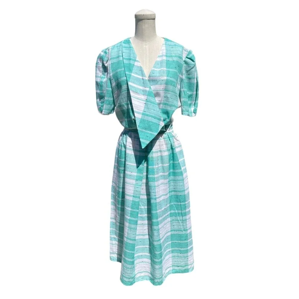 Vintage 80s Jackie Taub Aqua White Plaid Asymmetric Aline Day Dress Size 12 - Picture 1 of 6